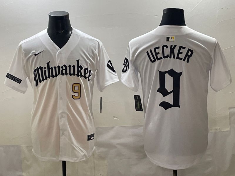Men 2025 Milwaukee Brewers #9 Uecker White Five generations Joint Name Nike MLB Jersey style 06